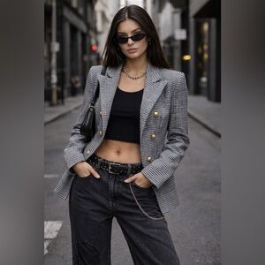 VENUS Houndstooth Double Breasted Blazer Black White Gold Buttons Size 6 / S